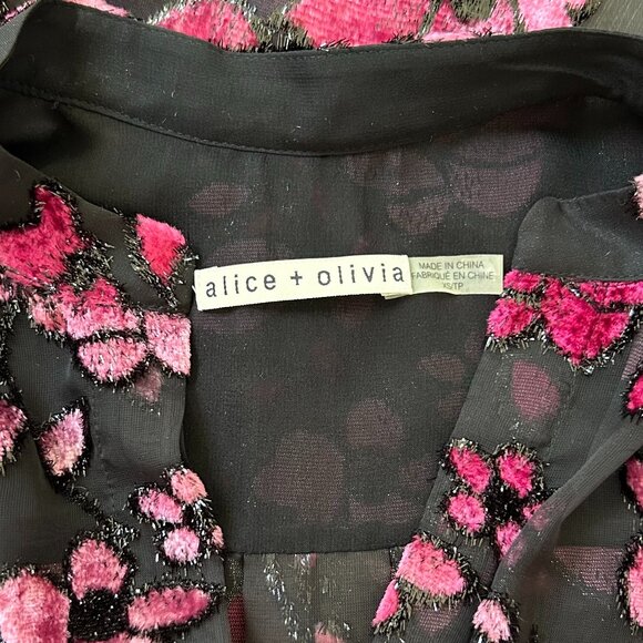 Alice + Olivia Velvet Flocked Sheer Chiffon Designer Blouse XS Black Seen on TV - Picture 9 of 13